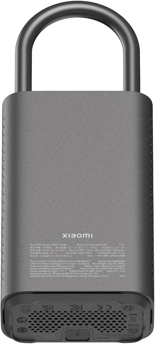 Xiaomi Taşınabilir Elektrikli Hava Kompresörü 2 - Taşınabilir Hava Kompresörü (0,2 10,3 bar/3-150 psi, 6 mod, 2000 mAh pil, 14,4 Wh, USB-C şarj, LED ekran), siyah (ES versiyonu)