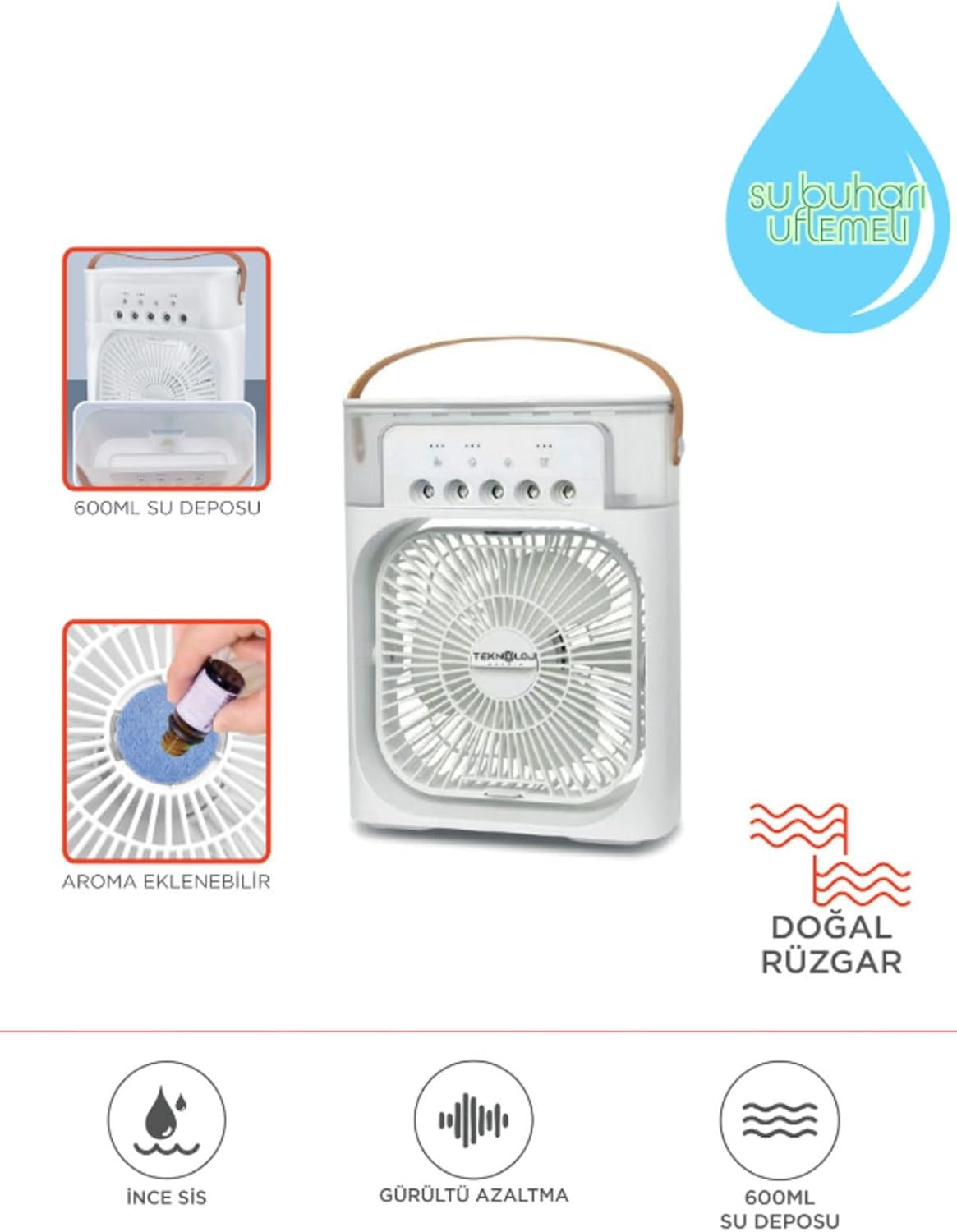 Buzlu Vantilatör Mini Fan 5 Spreyli Su Püskürtmeli 600 ML Buhar Makinesi Nemlendirici Mini Klima Rgb