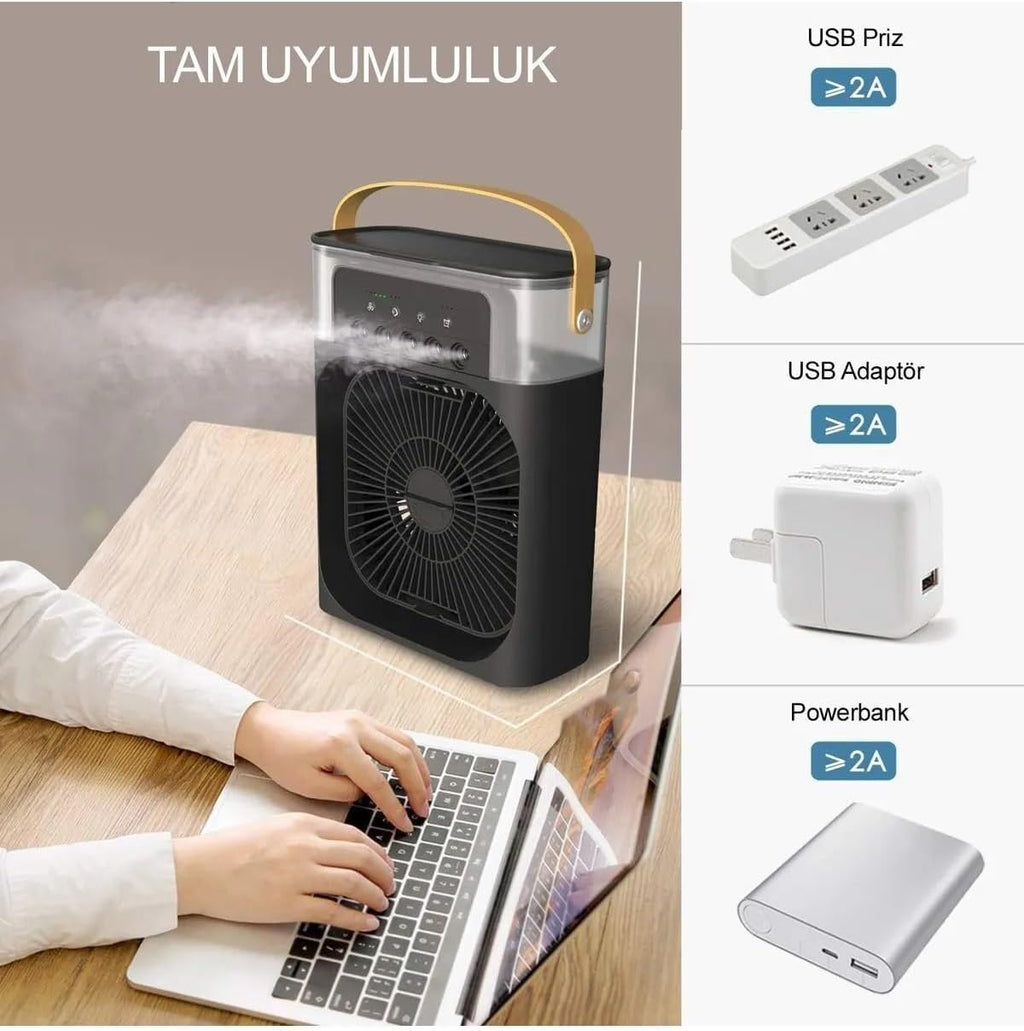 Taşınabilir Işıklı 5 Spreyli Vantilatör Buzlu Buharlı Vantilatör Mini Fan Nemlendirici siyah
