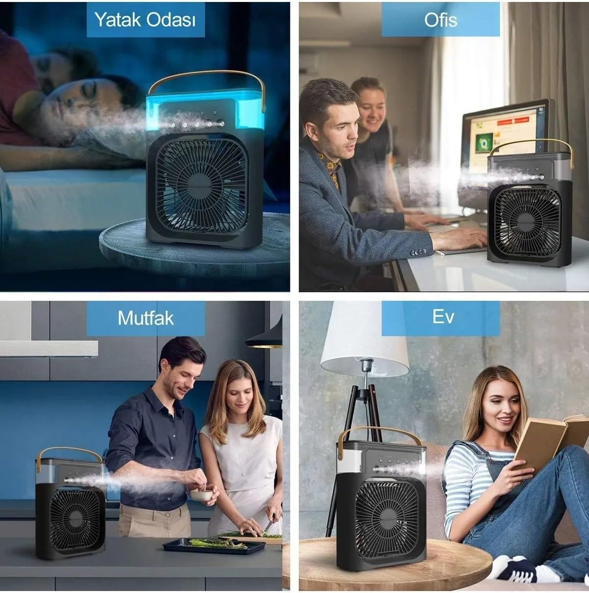 Taşınabilir Işıklı 5 Spreyli Vantilatör Buzlu Buharlı Vantilatör Mini Fan Nemlendirici siyah