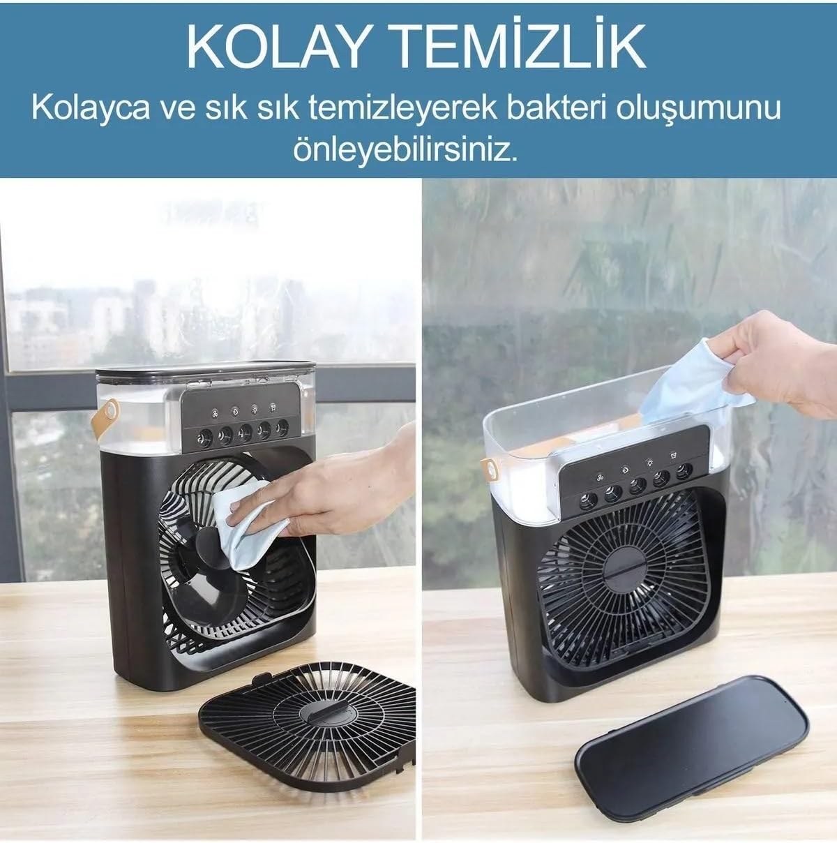 Taşınabilir Işıklı 5 Spreyli Vantilatör Buzlu Buharlı Vantilatör Mini Fan Nemlendirici siyah