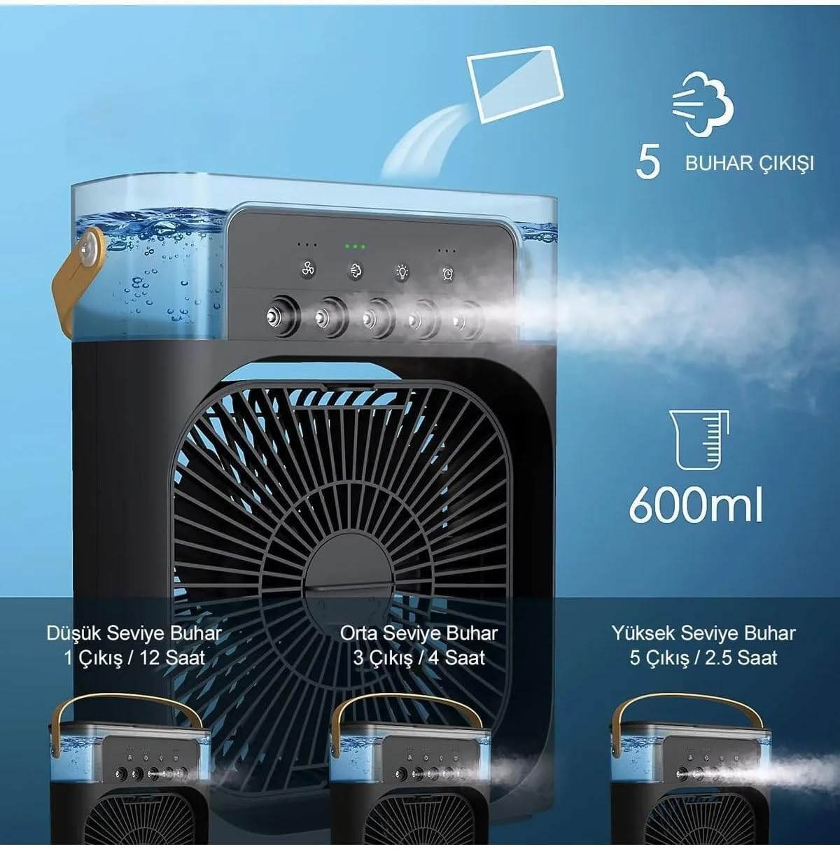 Taşınabilir Işıklı 5 Spreyli Vantilatör Buzlu Buharlı Vantilatör Mini Fan Nemlendirici siyah