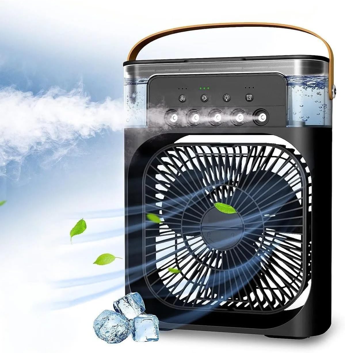 Taşınabilir Işıklı 5 Spreyli Vantilatör Buzlu Buharlı Vantilatör Mini Fan Nemlendirici siyah